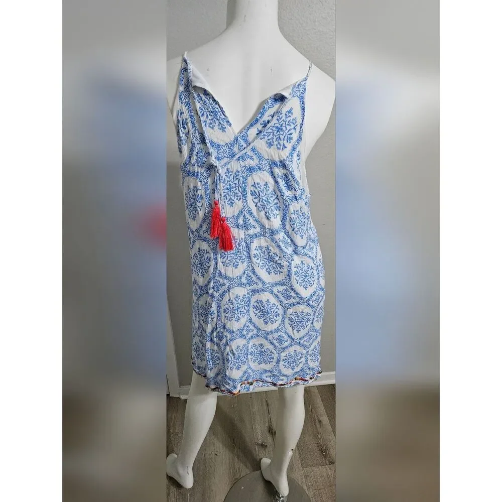 THML Boho White Seersucker Halter Dress, Embroidery, Tassles, Size XXL